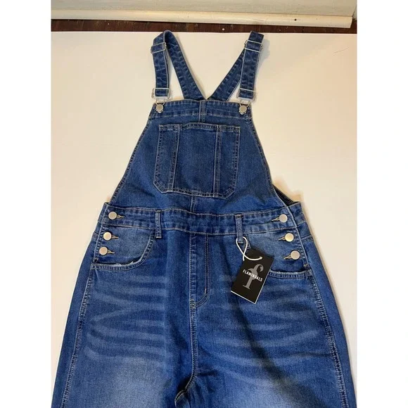 Flamingals Women Medium Wash Denim Wide Leg barrelCarpenter Overalls Blue NWT - Picture 1 of 10